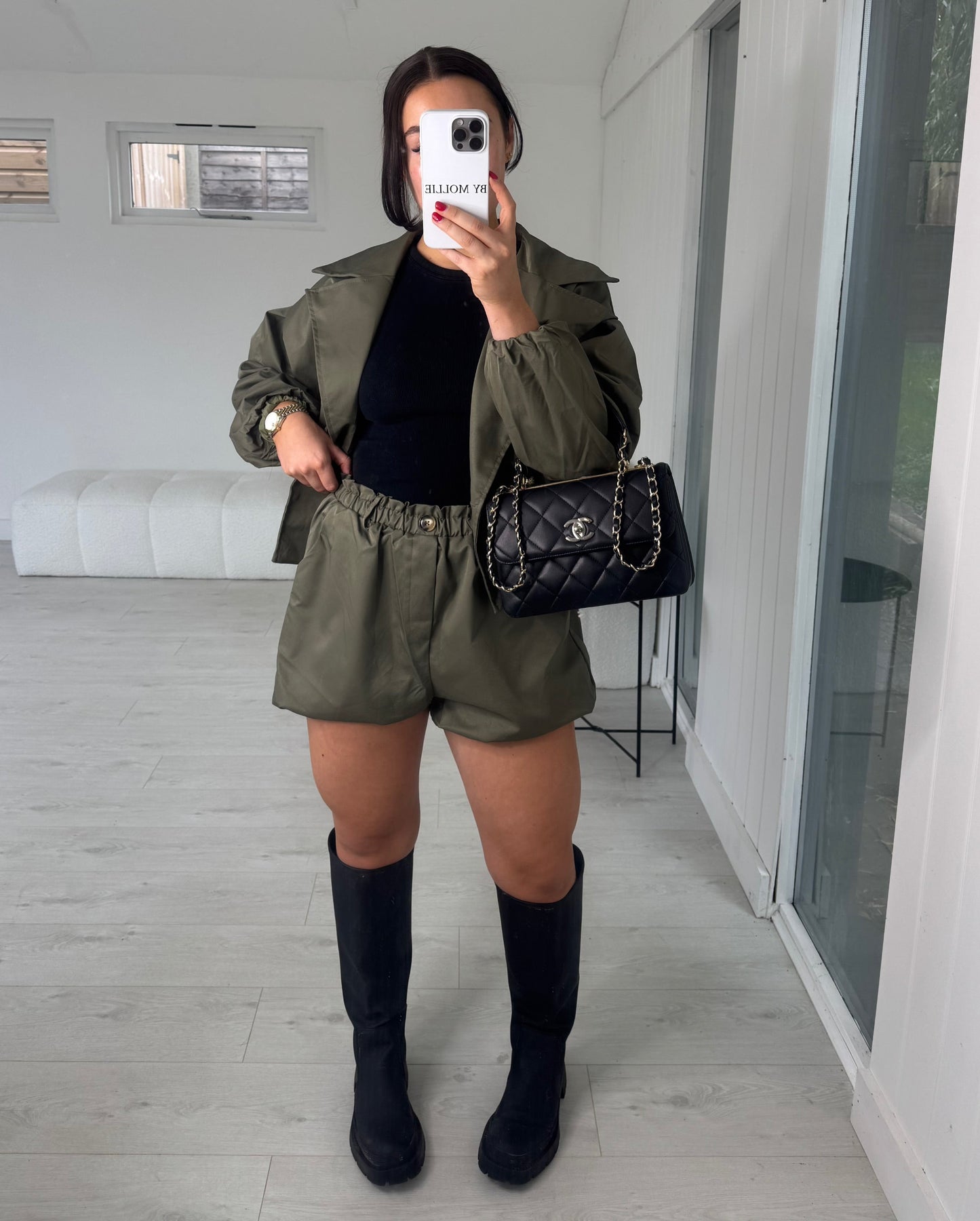 CROP KHAKI TRENCH COAT AND SHORTS CO-ORD