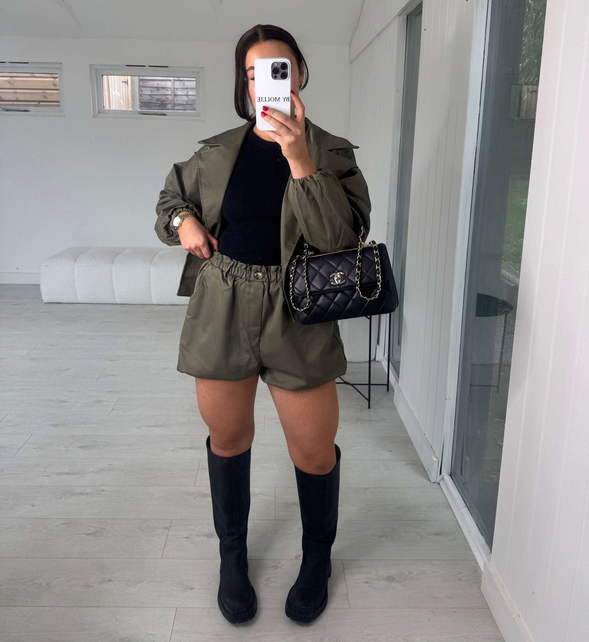 CROP KHAKI TRENCH COAT AND SHORTS CO-ORD