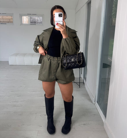 CROP KHAKI TRENCH COAT AND SHORTS CO-ORD