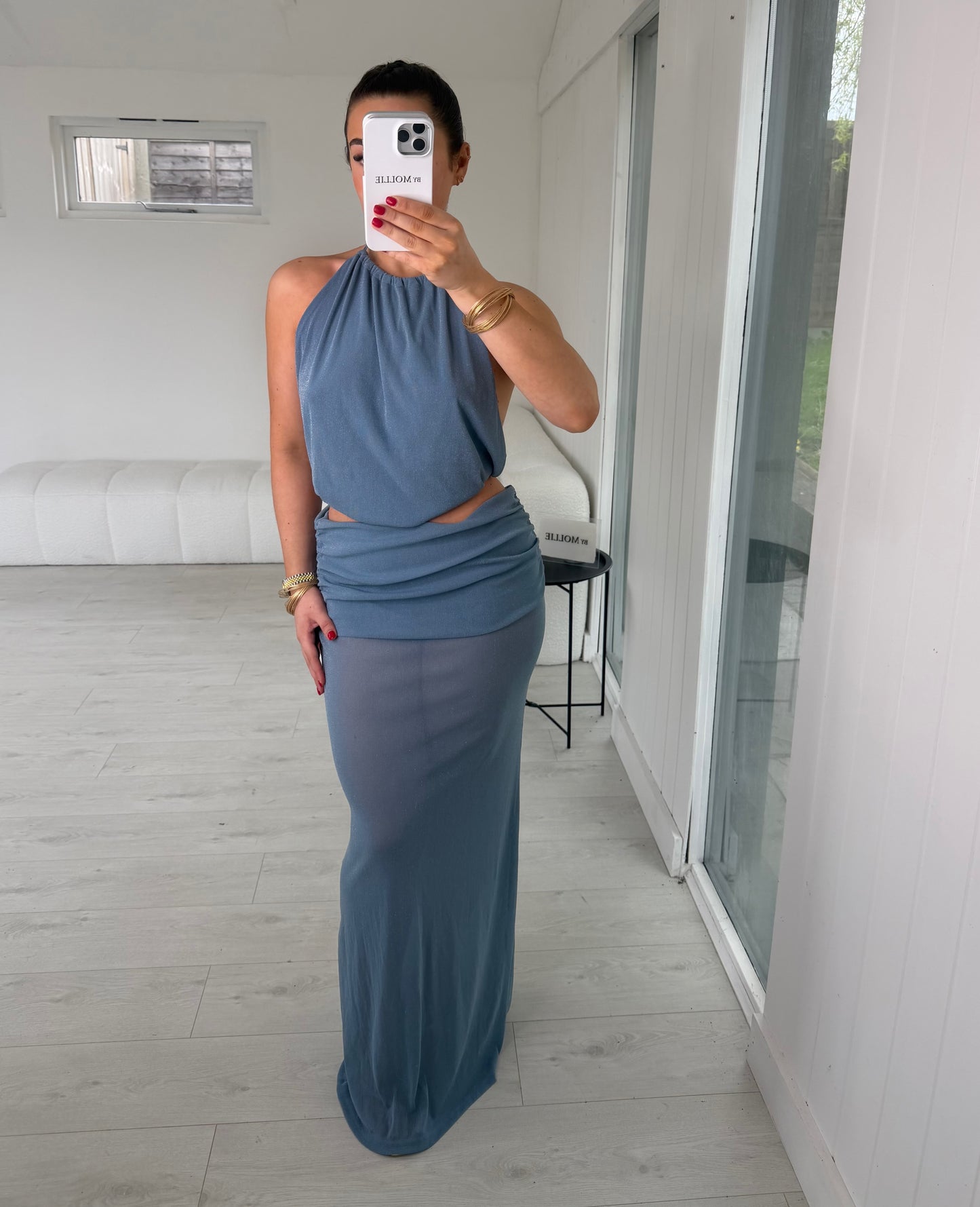 BABY BLUE SHIMMER FOLD OVER MAXI AND CROP HALTER