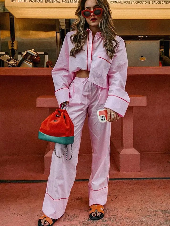 PINK AND RED POPLIN SHIRT AND TROUSER CO-ORD