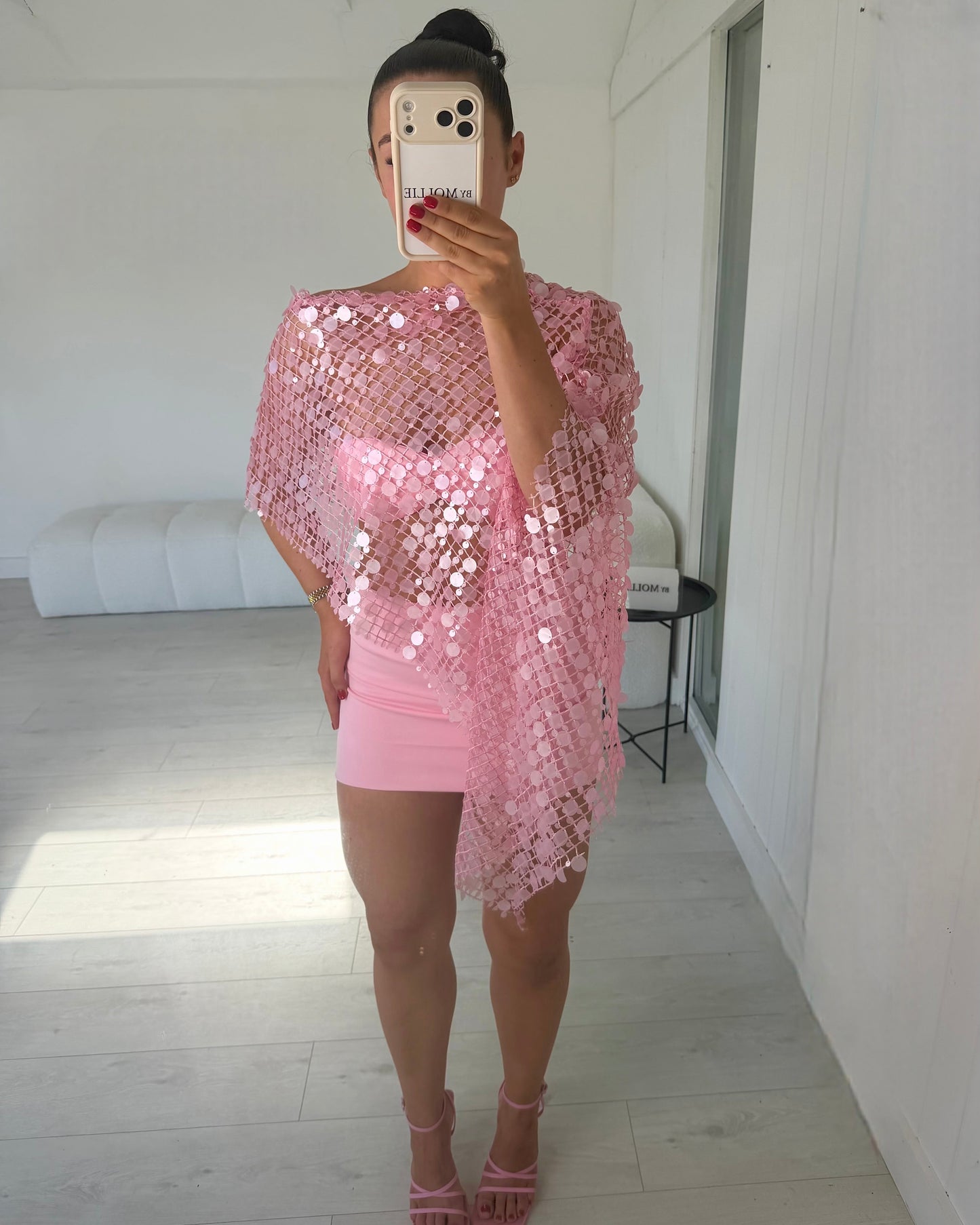 PINK DISC EMBELLISHED CAPE AND BANDEAU MINI SKIRT CO ORD
