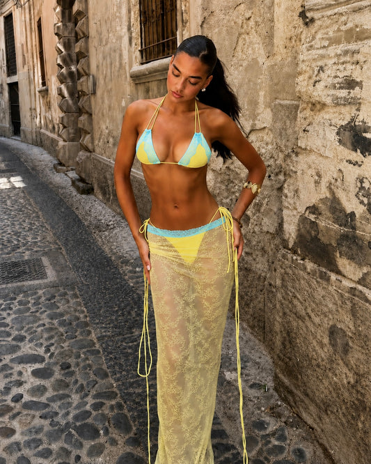 YELLOW AND BLUE LACE TRIANGLE BIKINI AND SARONG CO ORD