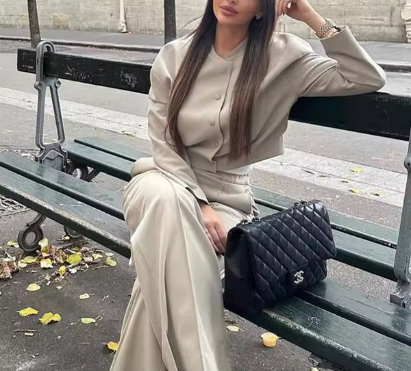 BEIGE BOMBER JACKET AND WIDE LEG TROUSER CO-ORD