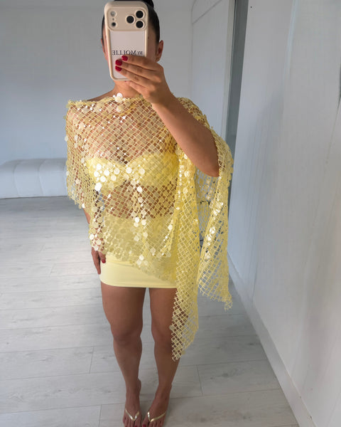 YELLOW DISC EMBELLISHED CAPE AND BANDEAU MINI SKIRT CO ORD