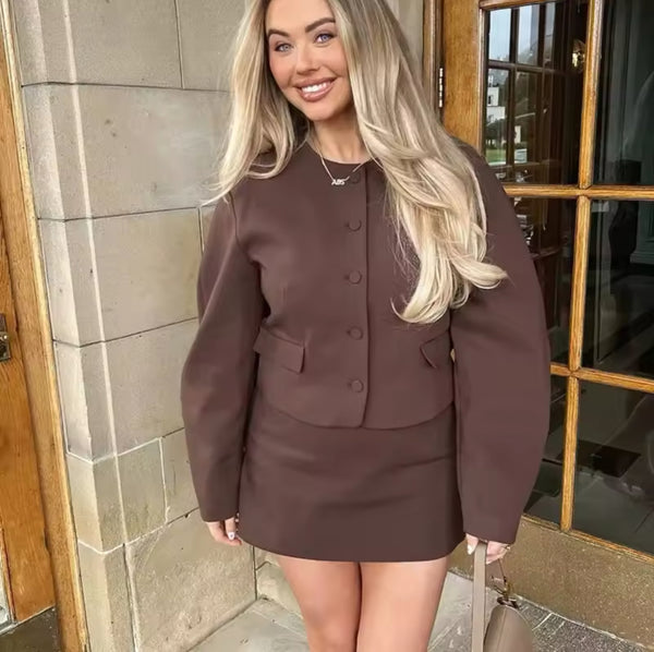 BROWN CROP BLAZER AND MINI SKIRT CO-ORD