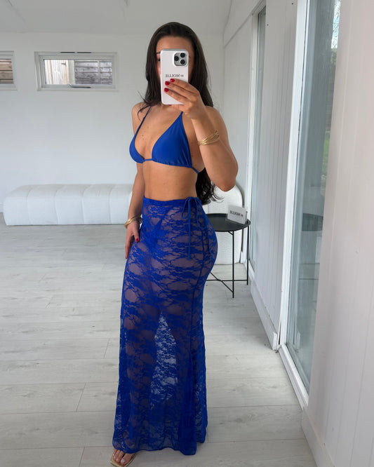COBALT BLUE TRIANGLE BIKINI AND LACE SARONG CO ORD