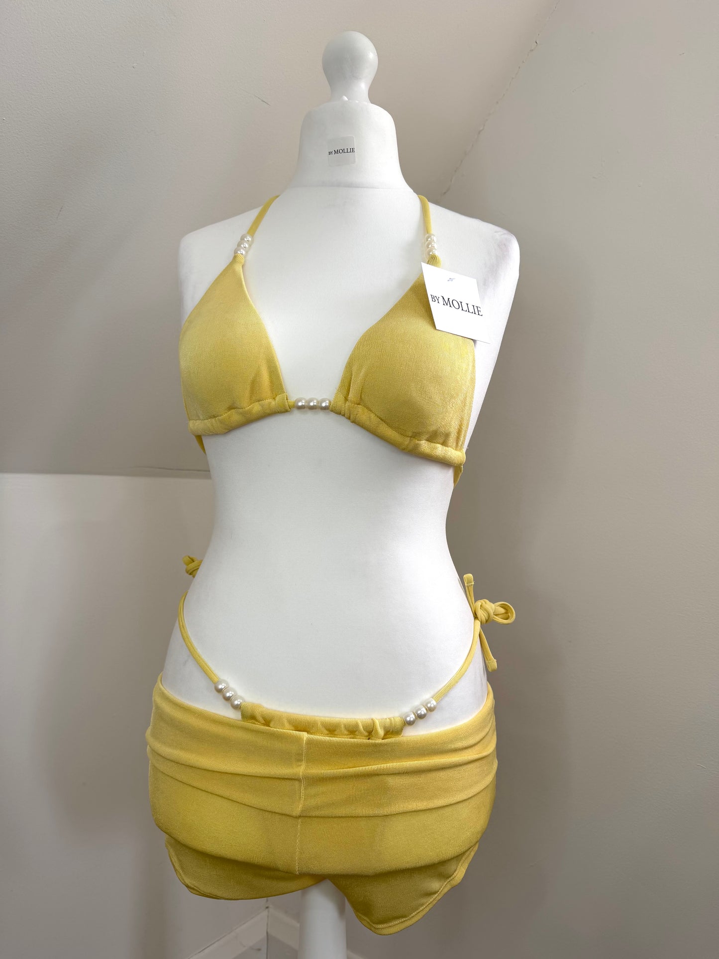 YELLOW BEAD BIKINI AND FOLD OVER HOT PANTS THREE PIECE
