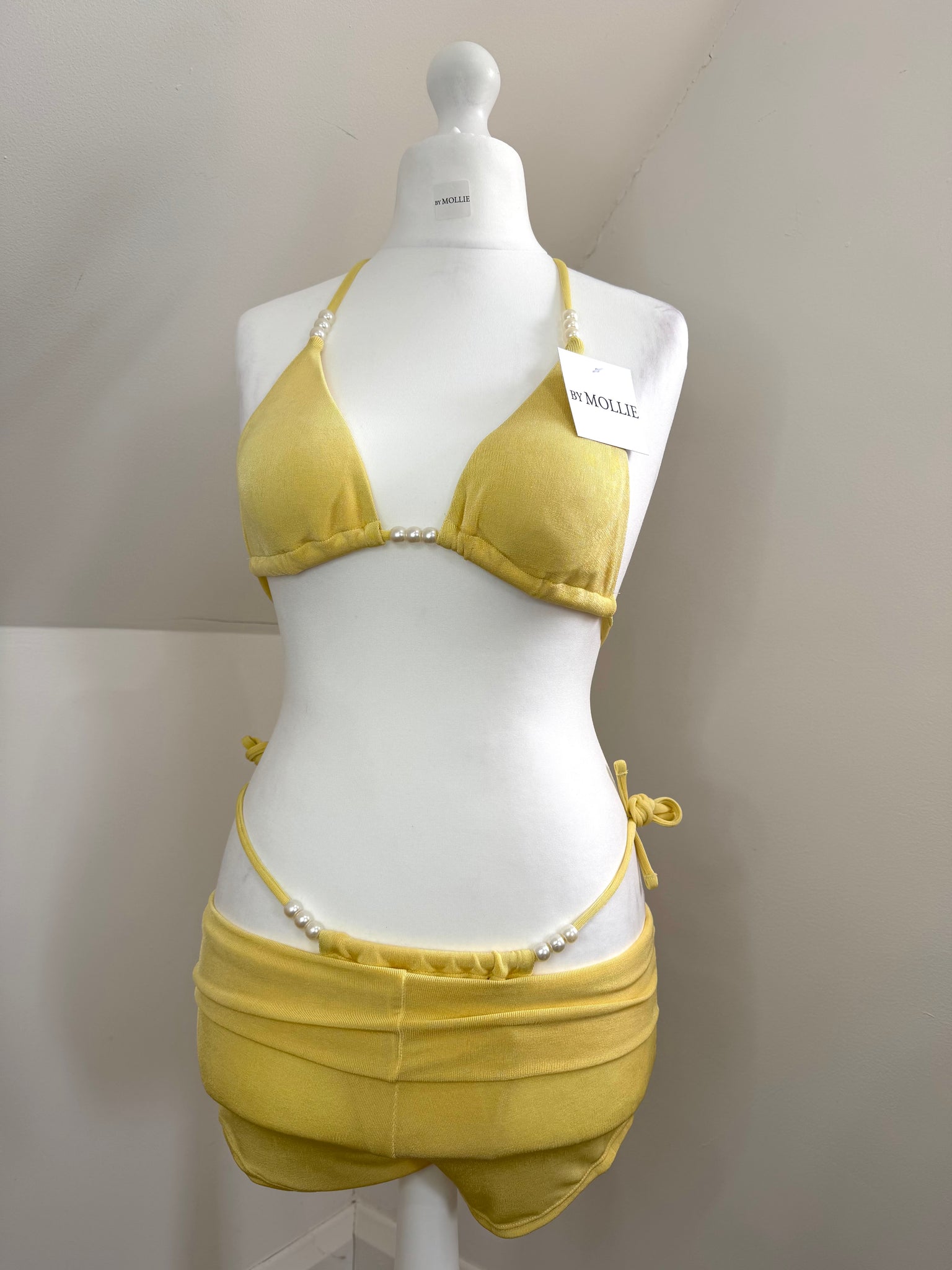 YELLOW BEAD BIKINI AND FOLD OVER HOT PANTS THREE PIECE