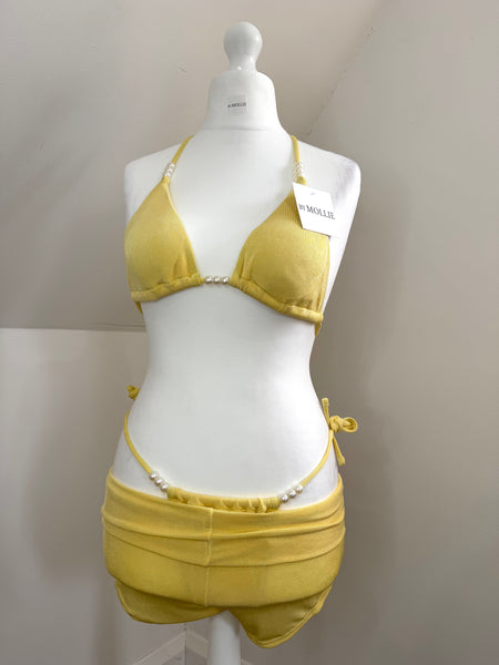 YELLOW BEAD BIKINI AND FOLD OVER HOT PANTS THREE PIECE
