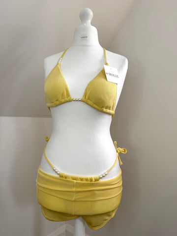 YELLOW BEAD BIKINI AND FOLD OVER HOT PANTS THREE PIECE