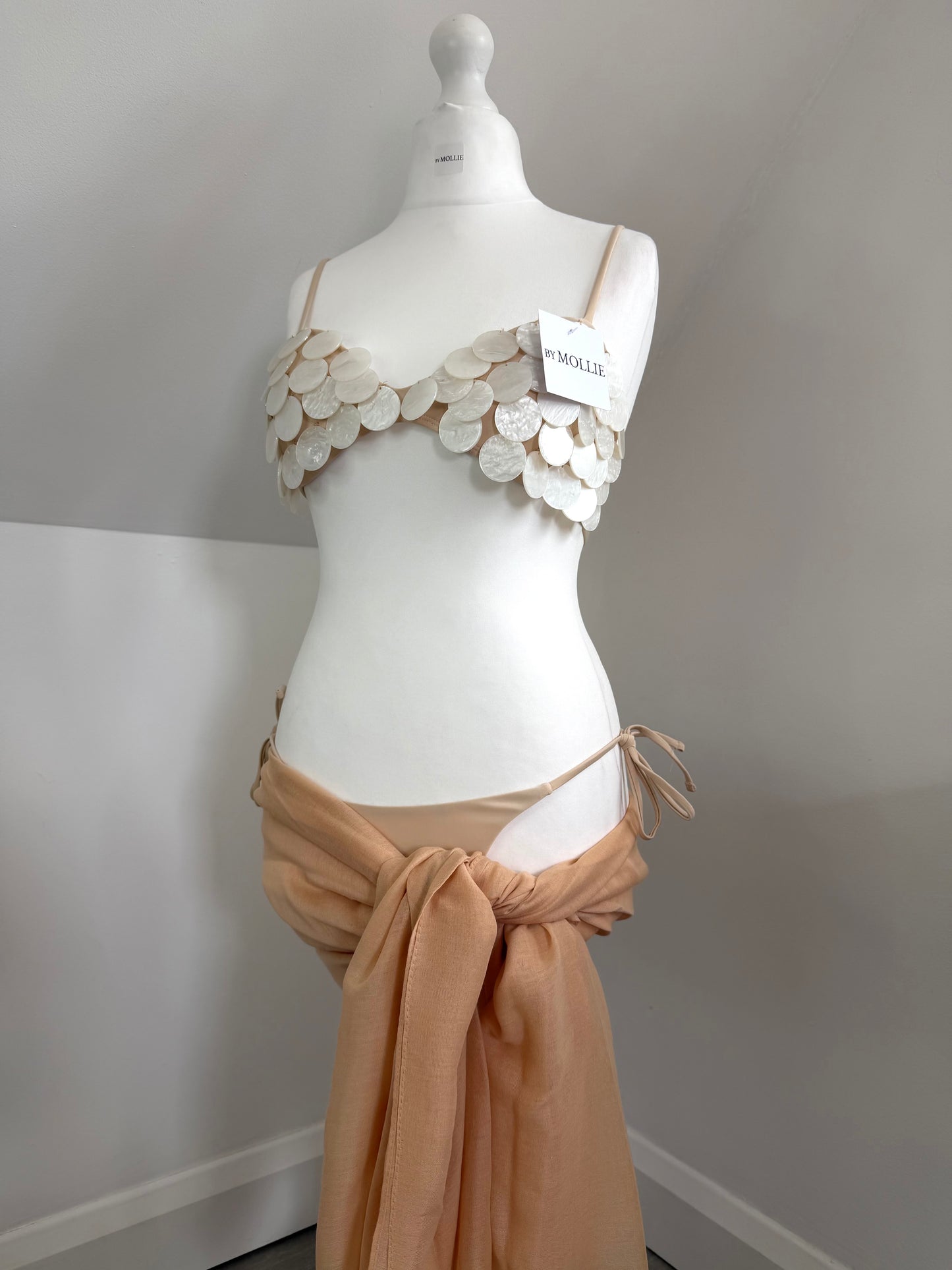 BEIGE PEARL DISC THREE PIECE BALCONETTE BIKINI AND SARONG SET