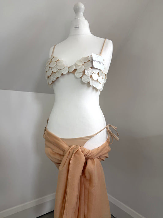 BEIGE PEARL DISC THREE PIECE BALCONETTE BIKINI AND SARONG SET