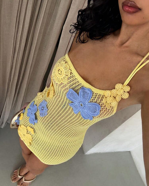 BLUE YELLOW CROCHET KNIT MINI DRESS