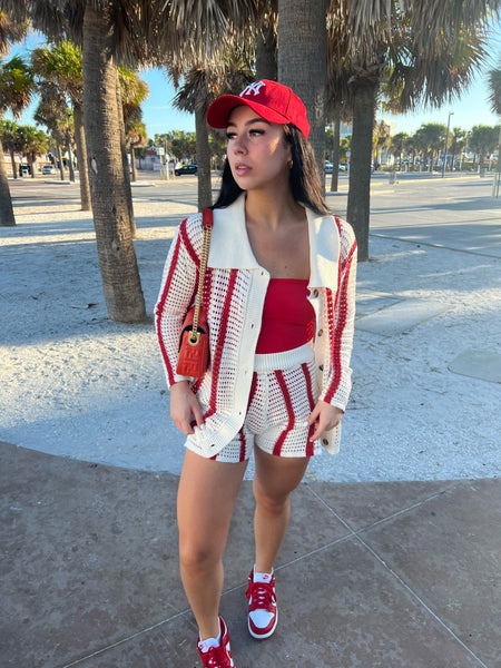 RED KNIT STRIPE CARDIGAN AND SHORTS CO-ORD
