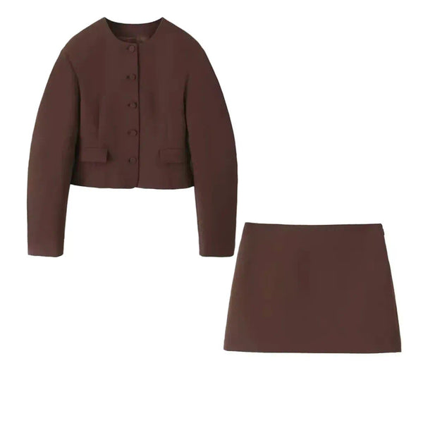 BROWN CROP BLAZER AND MINI SKIRT CO-ORD