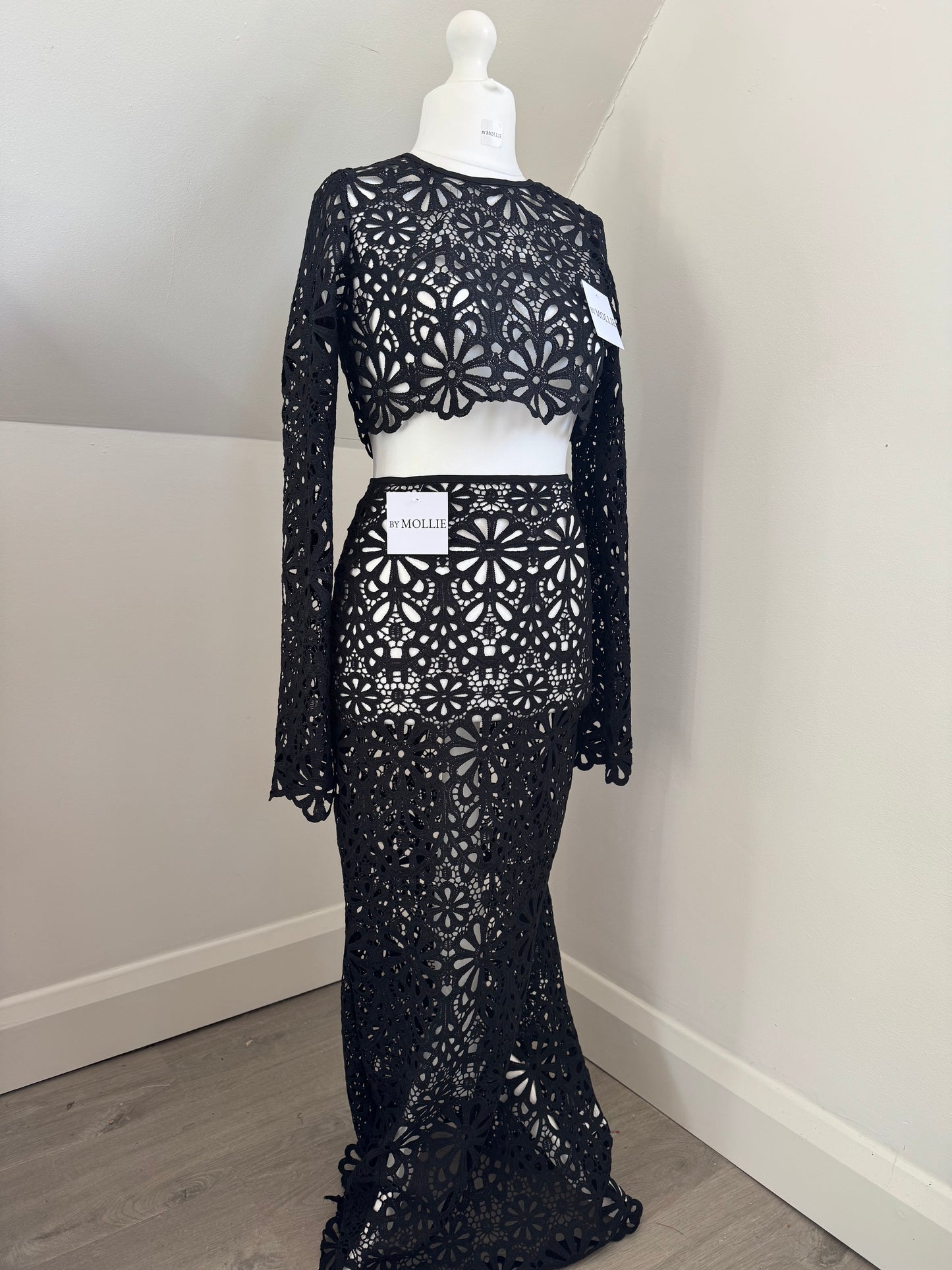 BLACK CUT OUT LONG SLEEVE TOP AND MAXI SKIRT CO-ORD