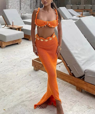 ORANGE EMBELLISHED CROCHET BRALET AND MAXI SKIRT CO-ORD
