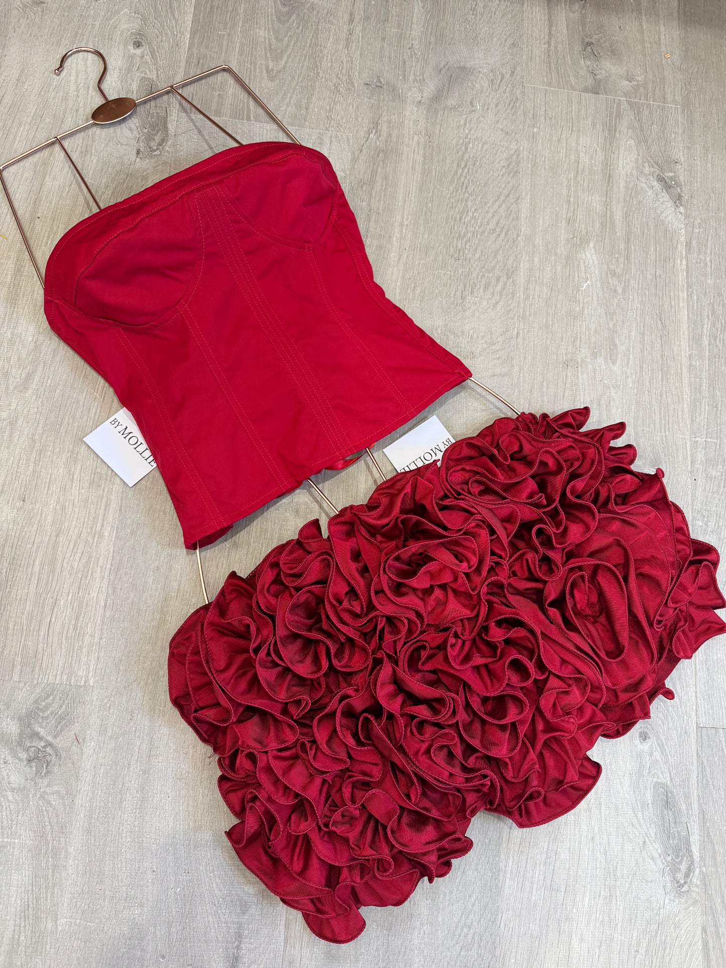 RED LACE UP CORSET AND FLORAL MINI SKIRT CO-ORD