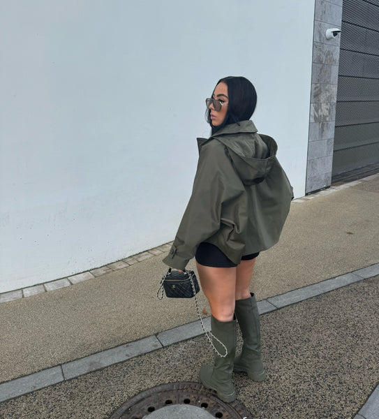 KHAKI CROPPED HOODED TRENCH COAT