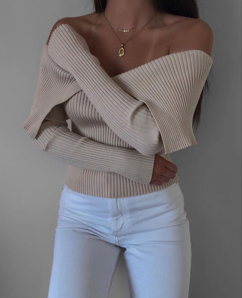 SAND BARDOT KNIT LONG SLEEVE TOP