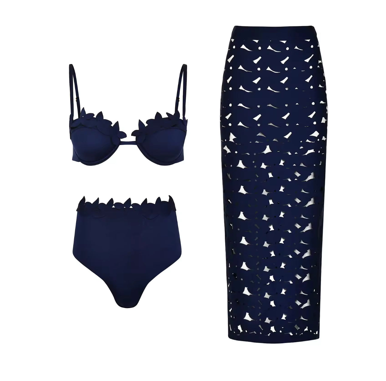 NAVY BLUE CUT OUT THREE PIECE BIKINI AND SKIRT SET