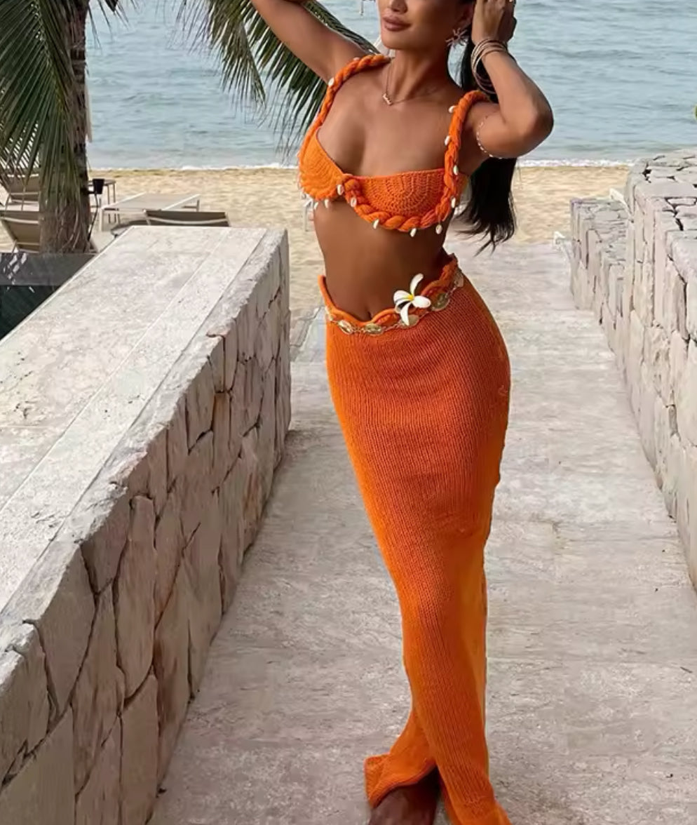 ORANGE EMBELLISHED CROCHET BRALET AND MAXI SKIRT CO-ORD
