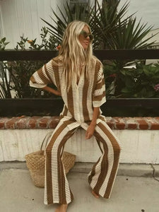 TAN STRIPE CROCHET OVERSIZED SHIRT AND TROUSER CO-ORD