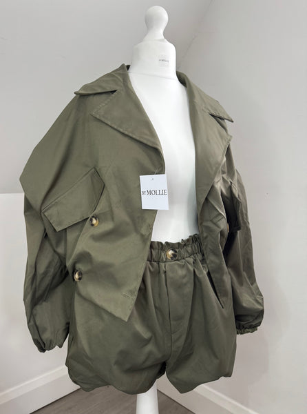 CROP KHAKI TRENCH COAT AND SHORTS CO-ORD