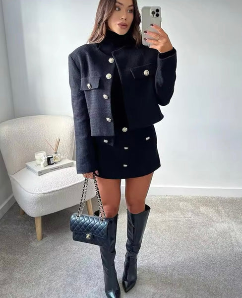 BLACK TWEED CROP BLAZER AND MINI SKORT CO-ORD