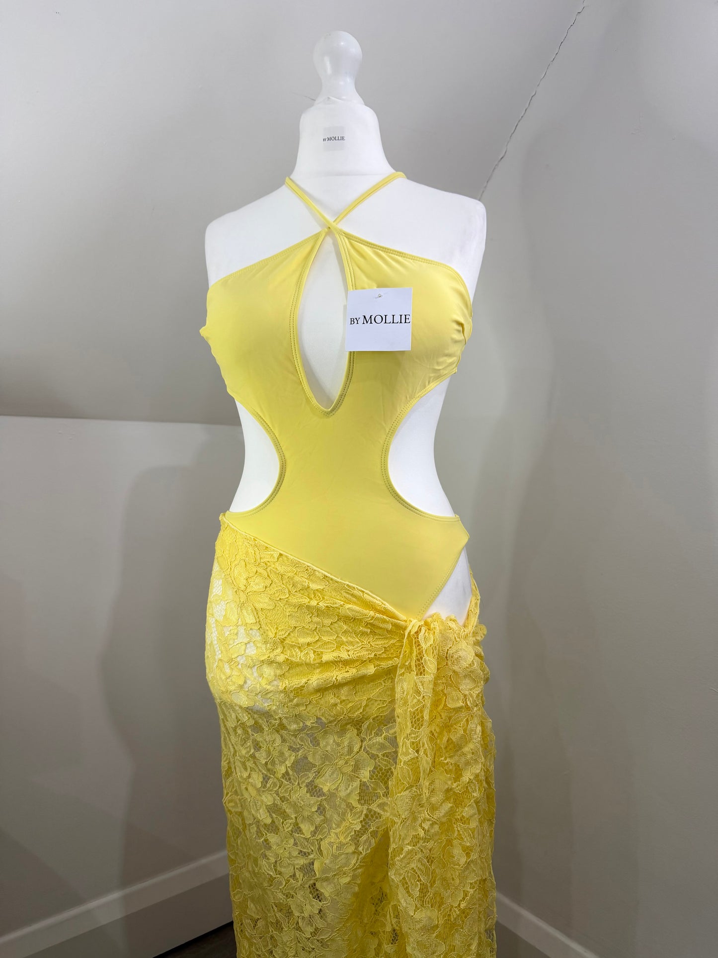 LEMON YELLOW CUT OUT SWIMSUIT AND LACE SARONG CO ORD