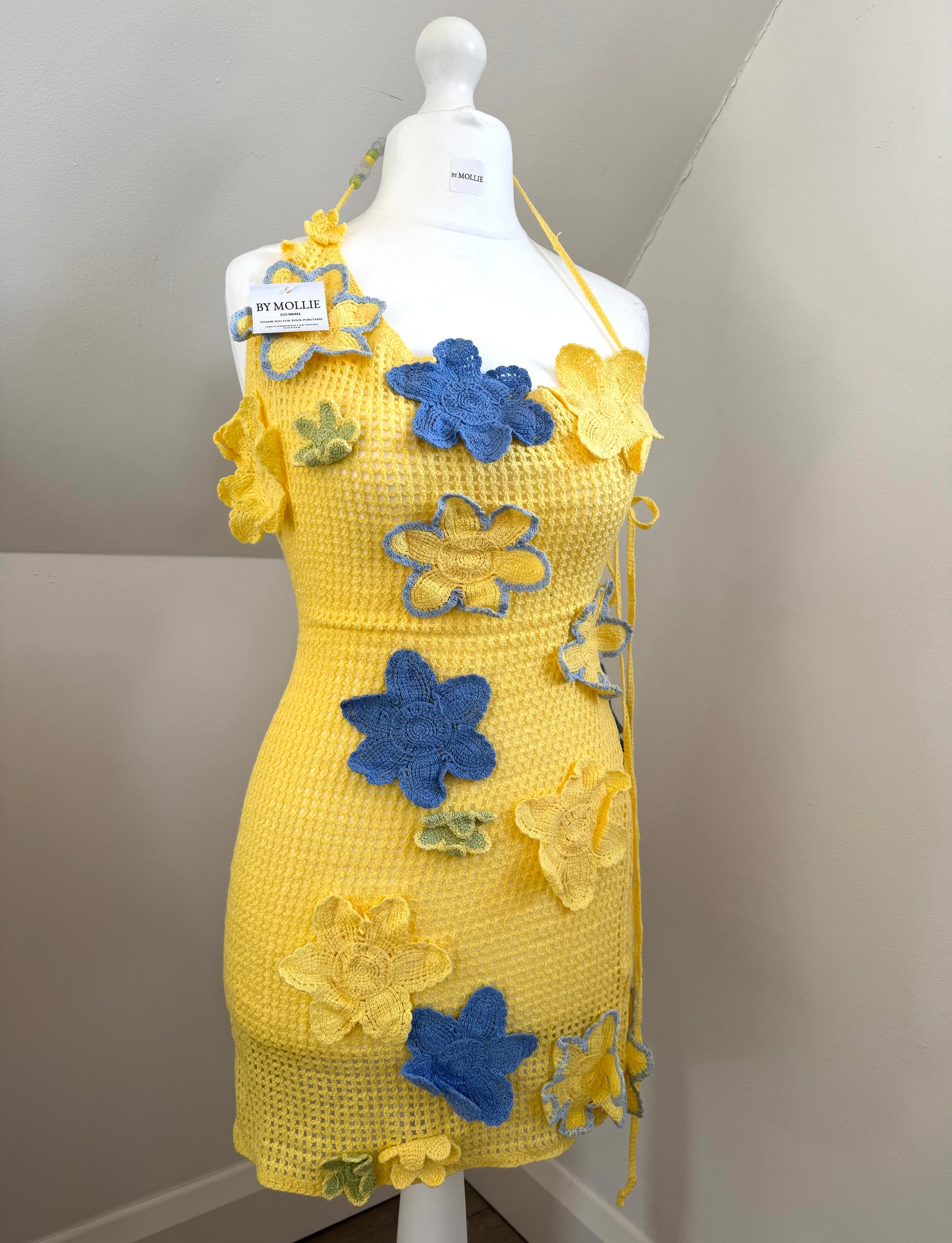 BLUE YELLOW CROCHET KNIT MINI DRESS
