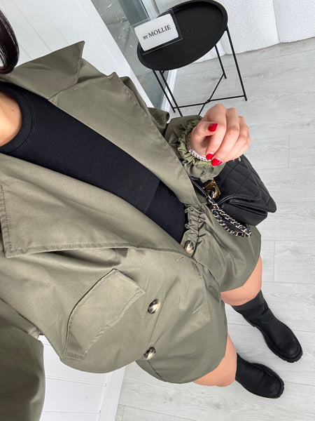 CROP KHAKI TRENCH COAT AND SHORTS CO-ORD