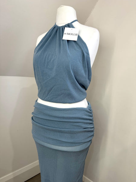BABY BLUE SHIMMER FOLD OVER MAXI AND CROP HALTER