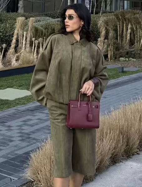 KHAKI COLLARED JACKET AND SHORTS CO-ORD