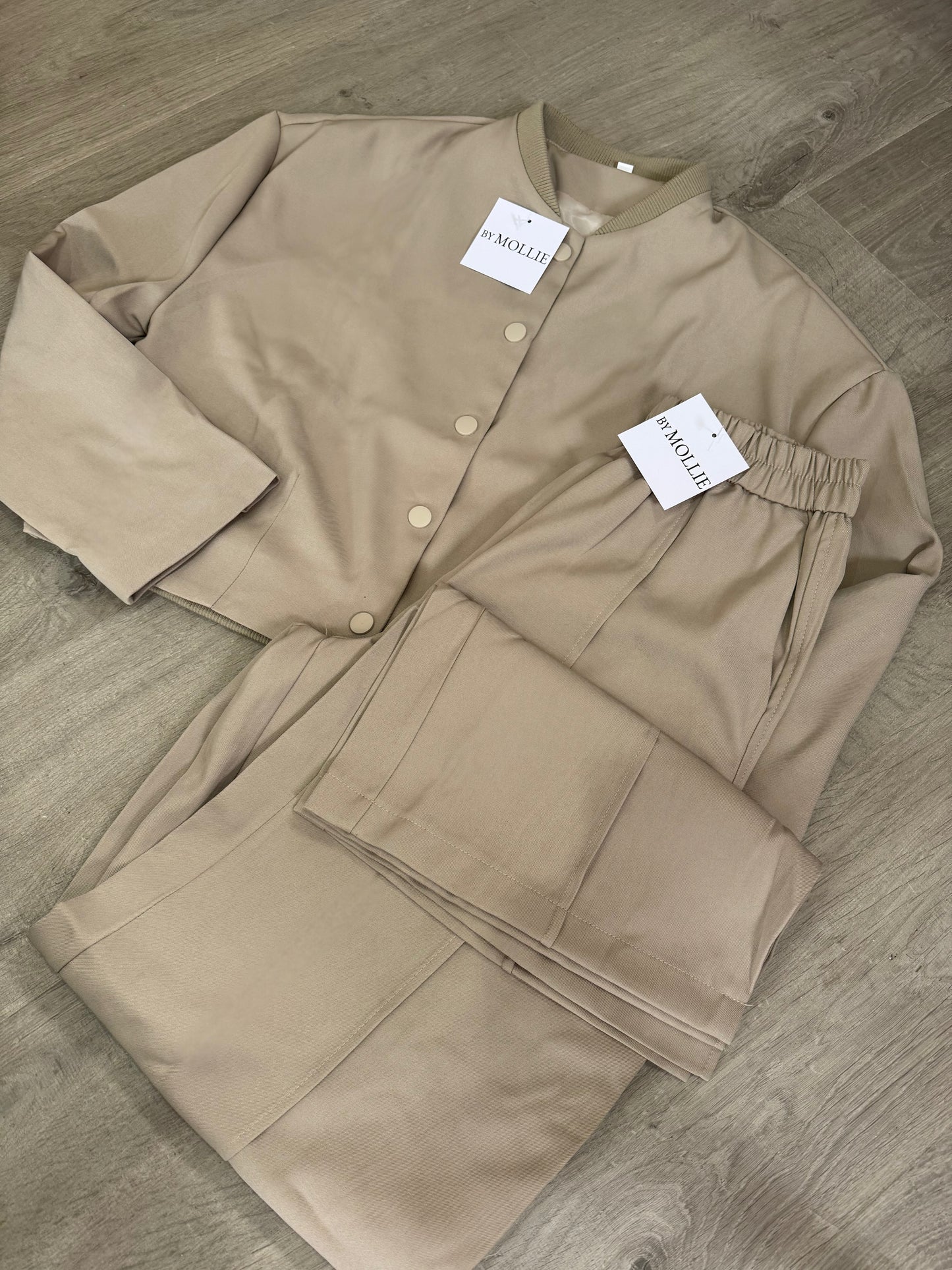 BEIGE BOMBER JACKET AND WIDE LEG TROUSER CO-ORD