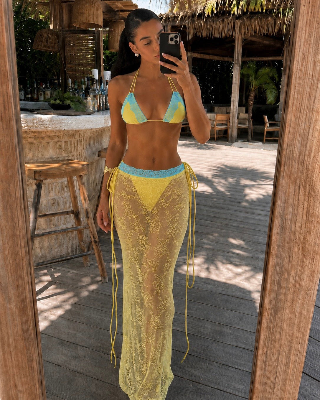 YELLOW AND BLUE LACE TRIANGLE BIKINI AND SARONG CO ORD