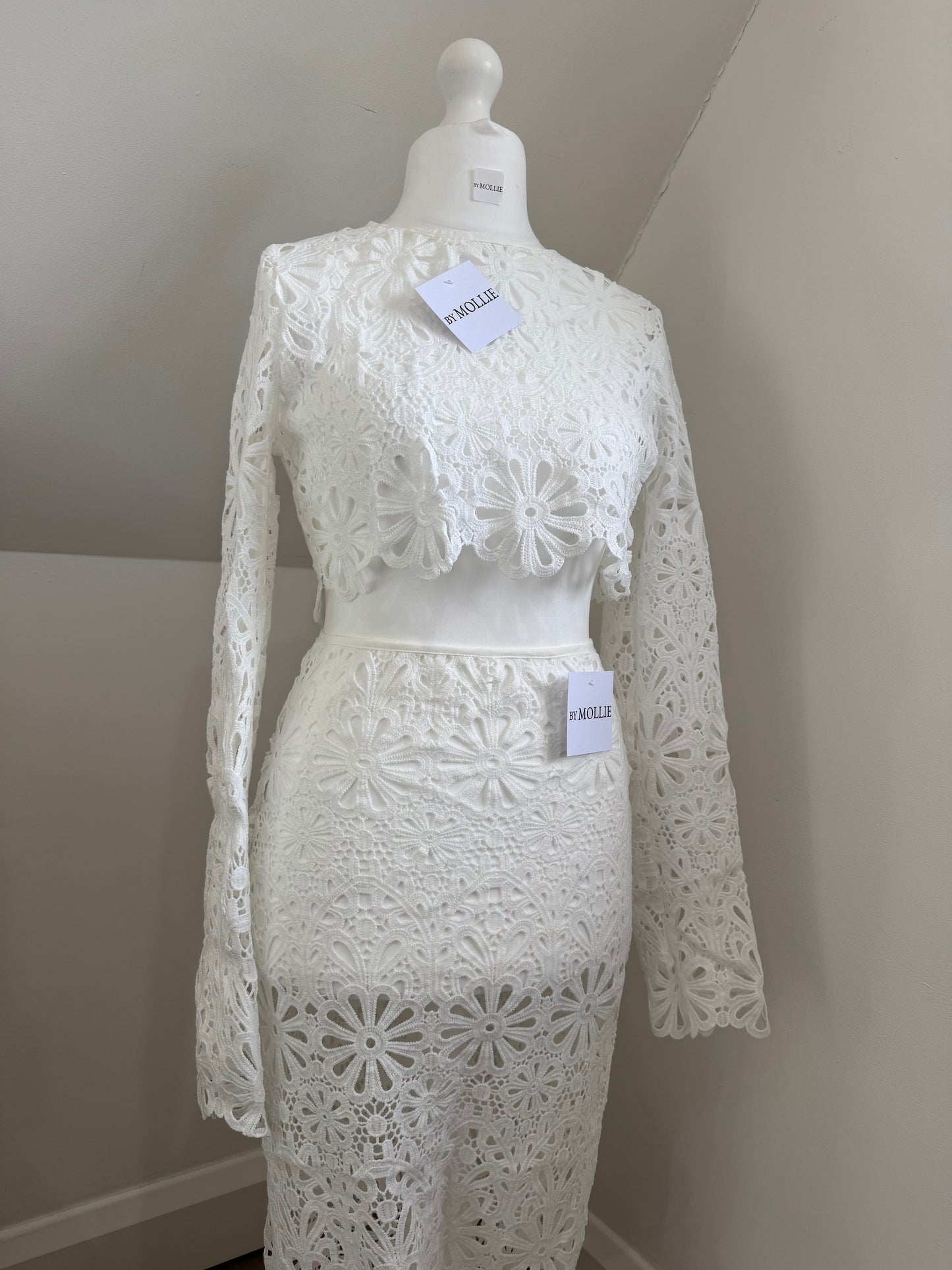 WHITE CUT OUT LONG SLEEVE TOP AND MAXI SKIRT CO-ORD