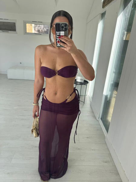 PLUM BANDEAU THREE PIECE BIKINI AND FOLD OVER SKIRT SET