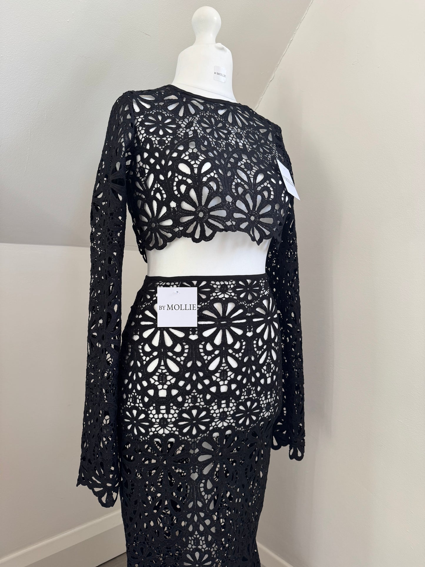 BLACK CUT OUT LONG SLEEVE TOP AND MAXI SKIRT CO-ORD