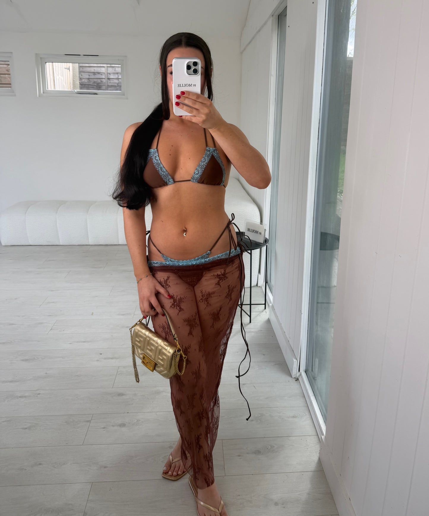 BROWN AND BLUE LACE TRIANGLE BIKINI AND SARONG CO ORD