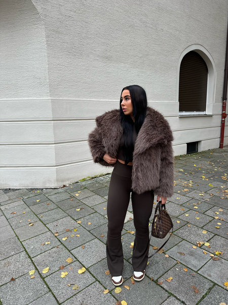 BROWN CROPPED FAUX FUR COAT