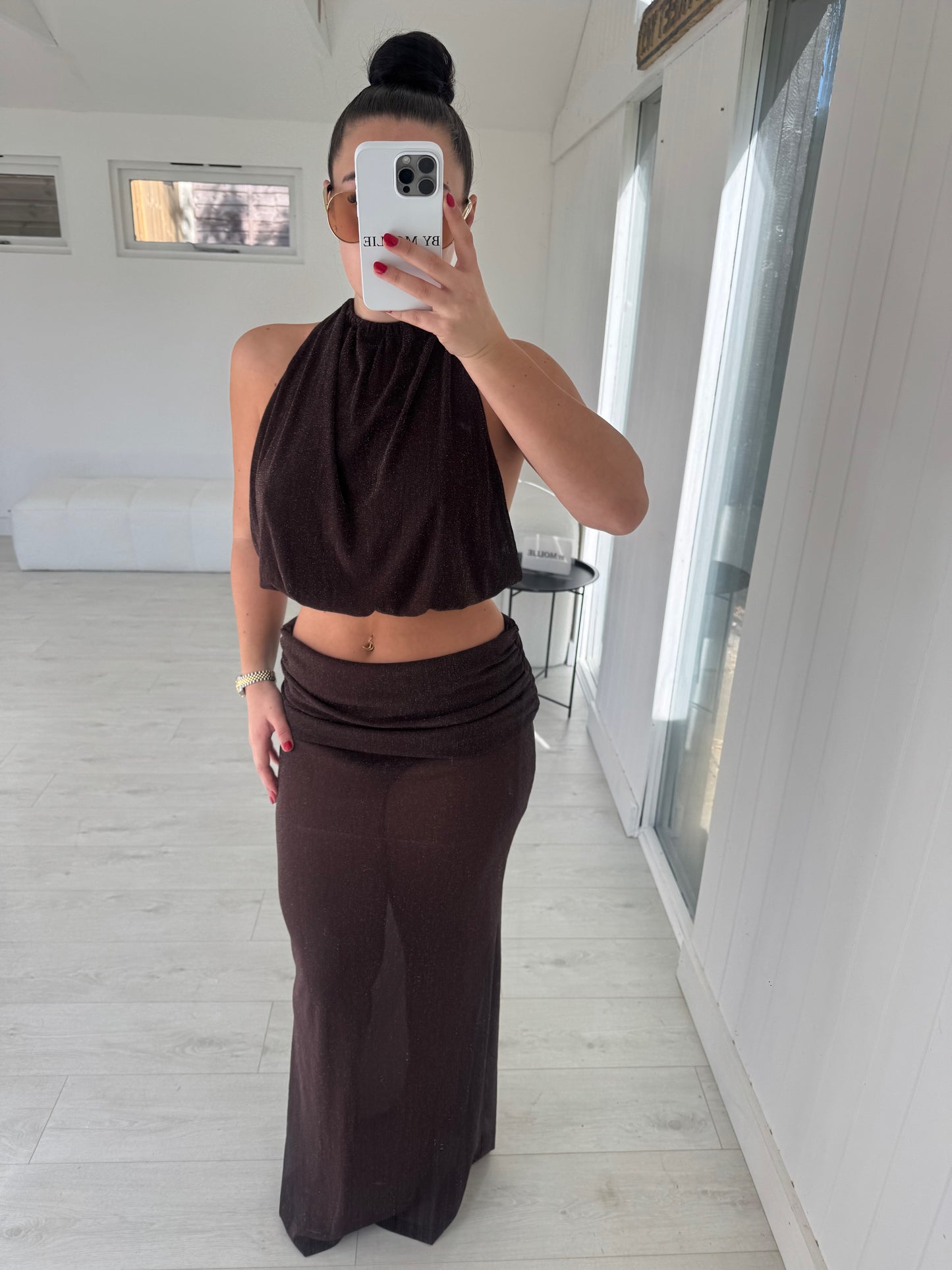 BROWN SHIMMER FOLD OVER MAXI AND CROP HALTER