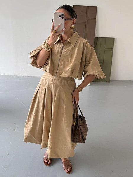 BEIGE COLLARED SHIRT AND MAXI SKIRT CO-ORD