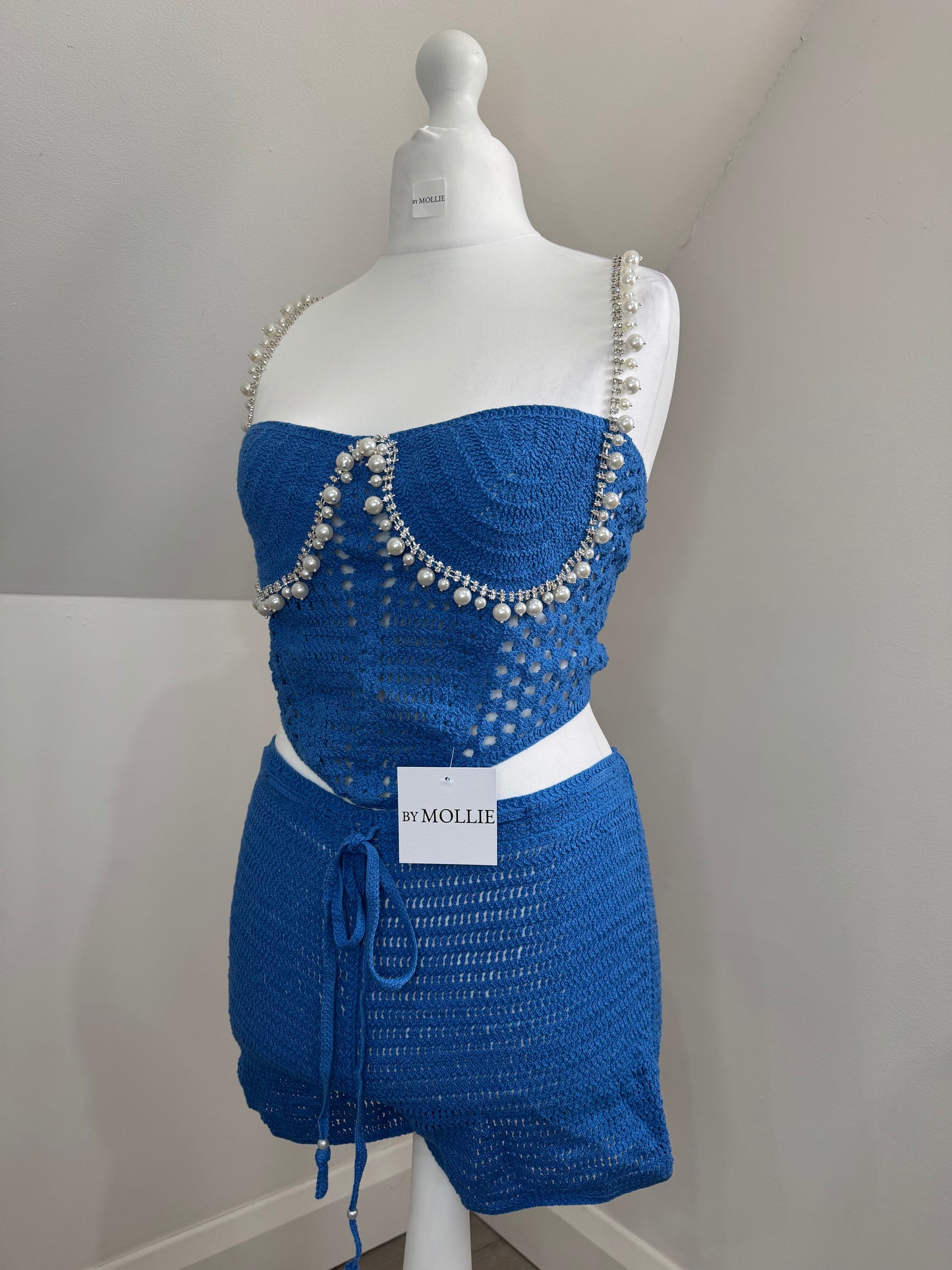 BLUE EMBELLISHED CROCHET BRALET AND SHORTS CO-ORD