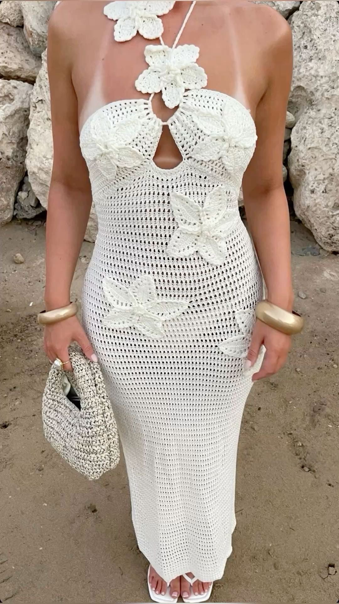 CROCHET FLOWER DETAIL KNIT MAXI DRESS