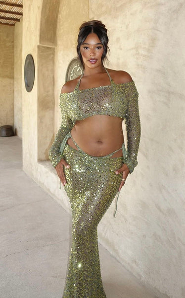 GREEN SEQUIN MAXI SKIRT AND LONG SLEEVE TOP CO ORD SET