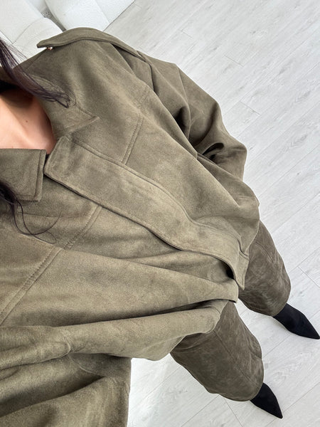 KHAKI VEGAN SUEDE JACKET AND SHORTS CO-ORD