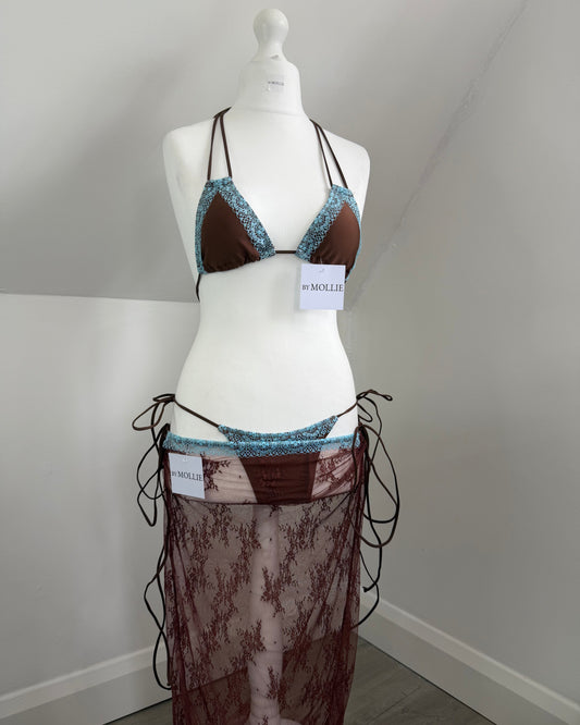 BROWN AND BLUE LACE TRIANGLE BIKINI AND SARONG CO ORD