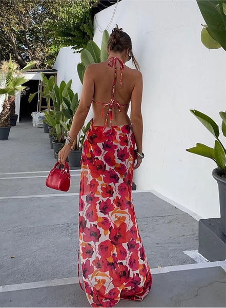 RED FLOWER THREE PIECE BIKINI AND SKIRT SET